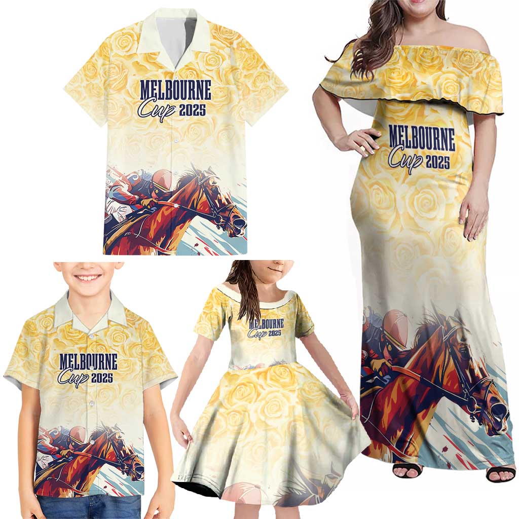 Melbourne Horse Racing Family Matching Off Shoulder Maxi Dress and Hawaiian Shirt Yellow Rose Champion LT7