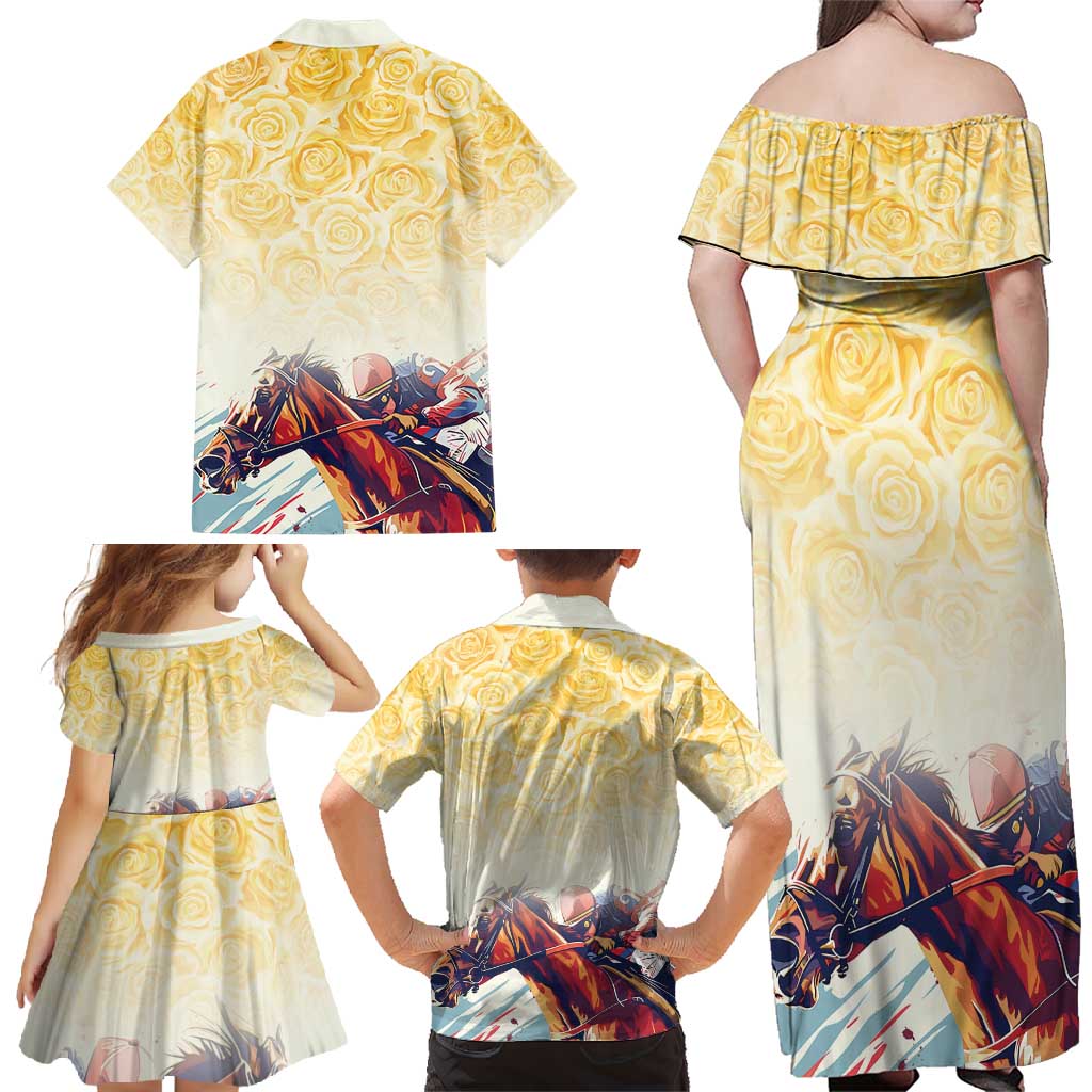 Melbourne Horse Racing Family Matching Off Shoulder Maxi Dress and Hawaiian Shirt Yellow Rose Champion LT7