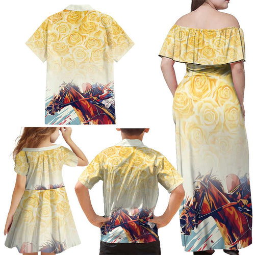Melbourne Horse Racing Family Matching Off Shoulder Maxi Dress and Hawaiian Shirt Yellow Rose Champion LT7