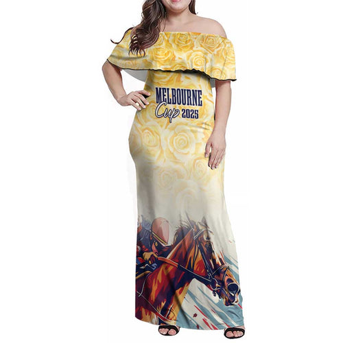 Melbourne Horse Racing Family Matching Off Shoulder Maxi Dress and Hawaiian Shirt Yellow Rose Champion LT7