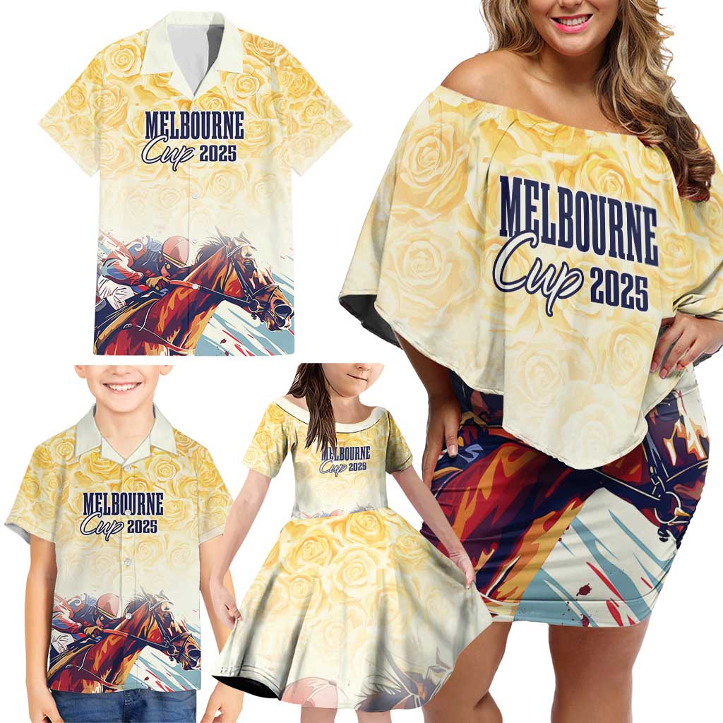 Melbourne Horse Racing Family Matching Off Shoulder Short Dress and Hawaiian Shirt Yellow Rose Champion LT7