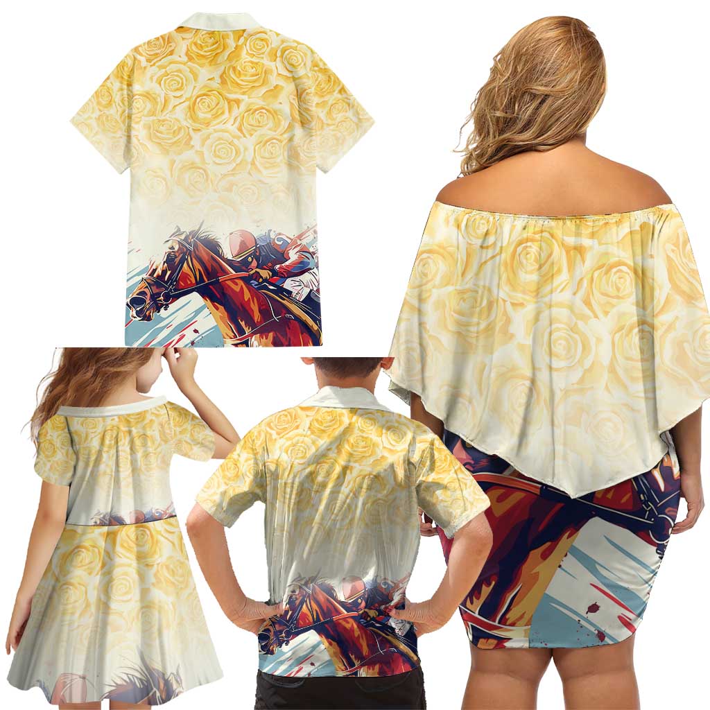 Melbourne Horse Racing Family Matching Off Shoulder Short Dress and Hawaiian Shirt Yellow Rose Champion LT7