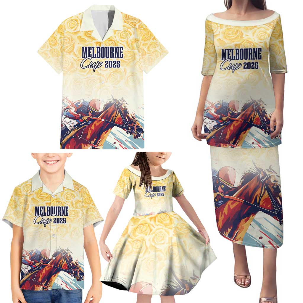 Melbourne Horse Racing Family Matching Puletasi and Hawaiian Shirt Yellow Rose Champion LT7