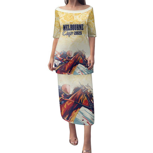 Melbourne Horse Racing Family Matching Puletasi and Hawaiian Shirt Yellow Rose Champion LT7