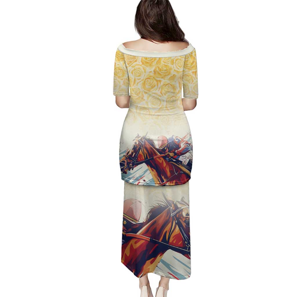 Melbourne Horse Racing Family Matching Puletasi and Hawaiian Shirt Yellow Rose Champion LT7