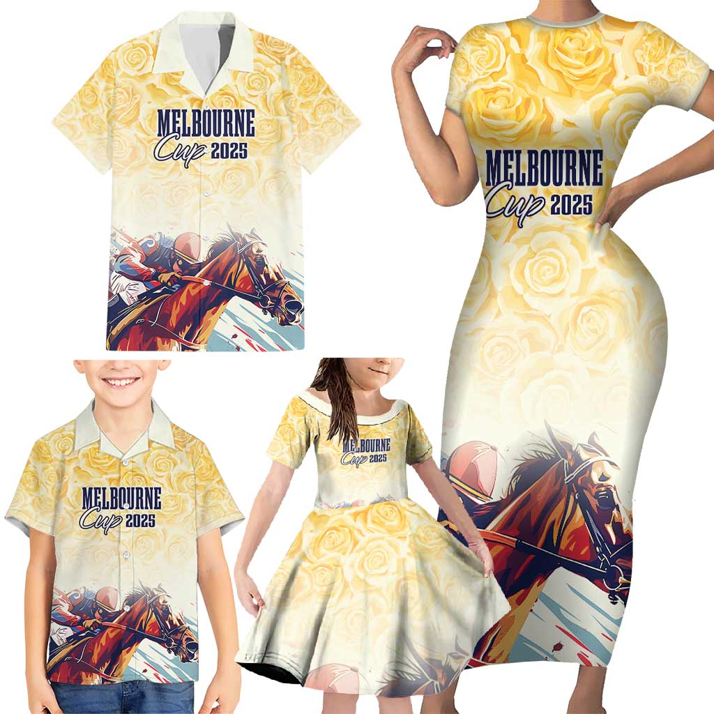 Melbourne Horse Racing Family Matching Short Sleeve Bodycon Dress and Hawaiian Shirt Yellow Rose Champion LT7