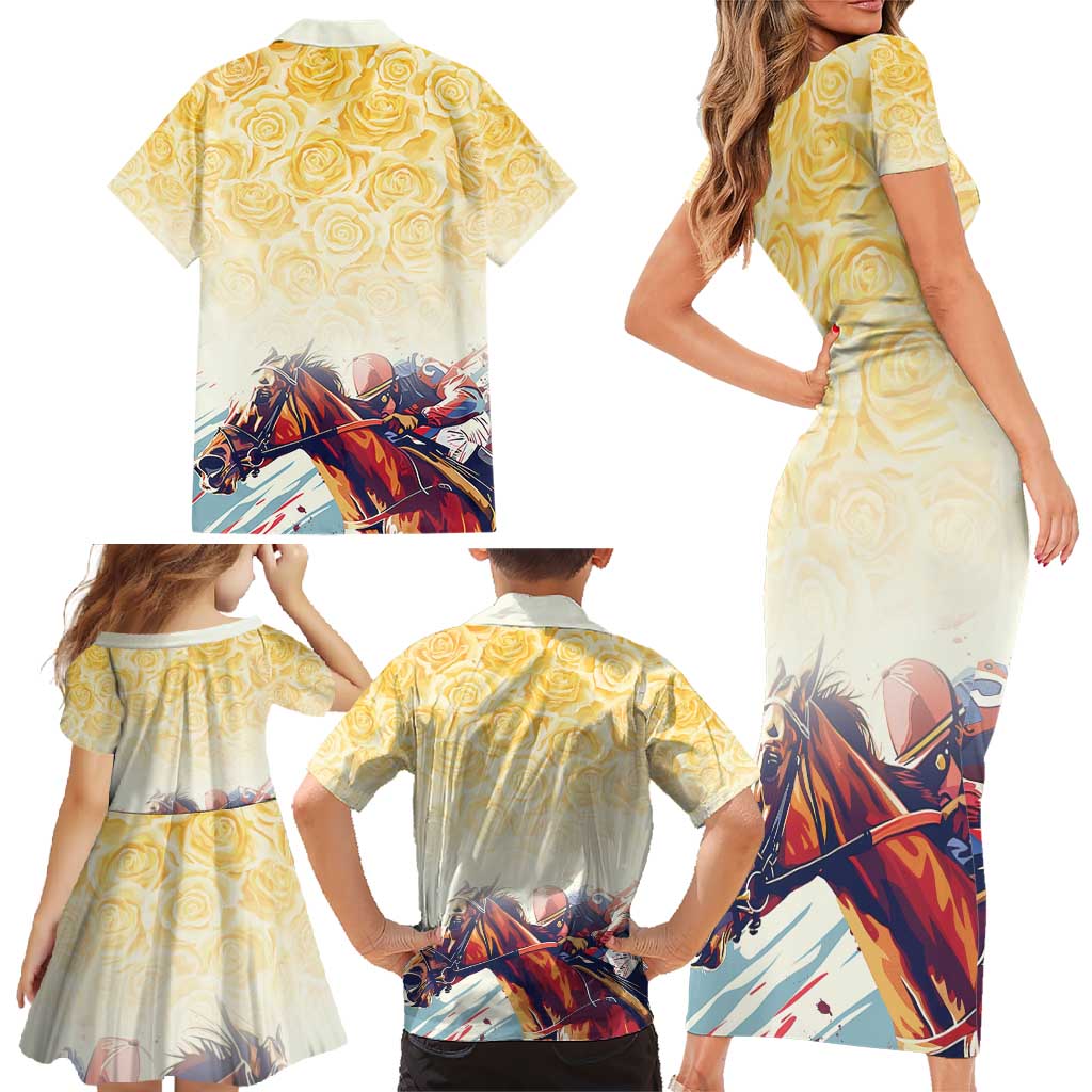 Melbourne Horse Racing Family Matching Short Sleeve Bodycon Dress and Hawaiian Shirt Yellow Rose Champion LT7