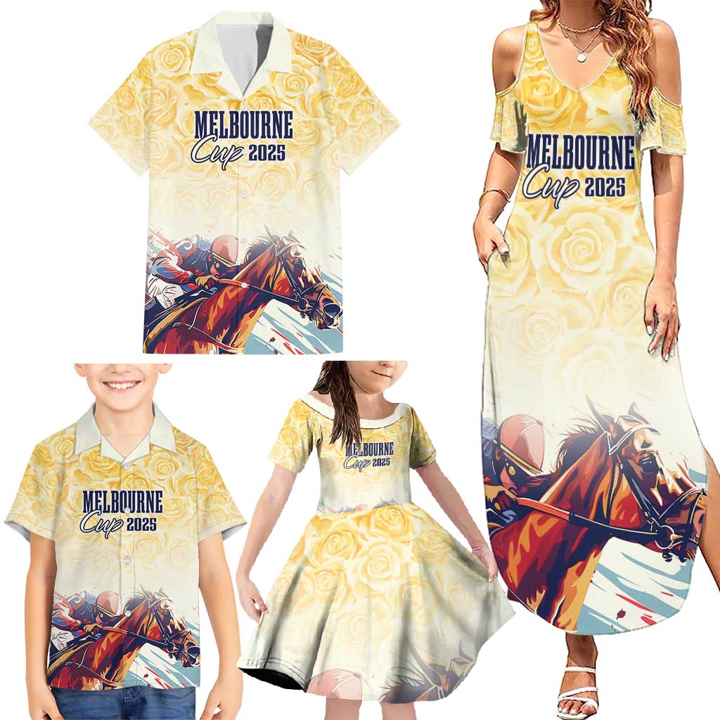 Melbourne Horse Racing Family Matching Summer Maxi Dress and Hawaiian Shirt Yellow Rose Champion LT7