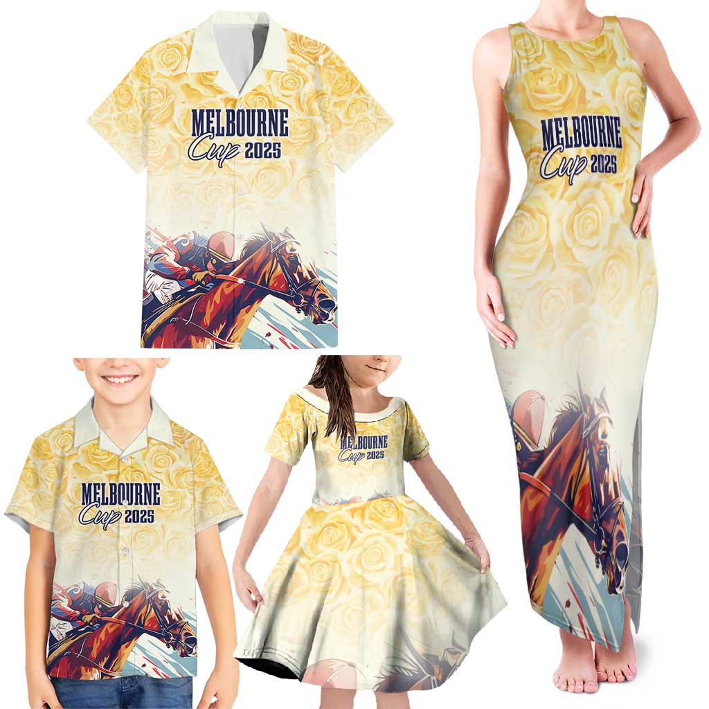 Melbourne Horse Racing Family Matching Tank Maxi Dress and Hawaiian Shirt Yellow Rose Champion LT7