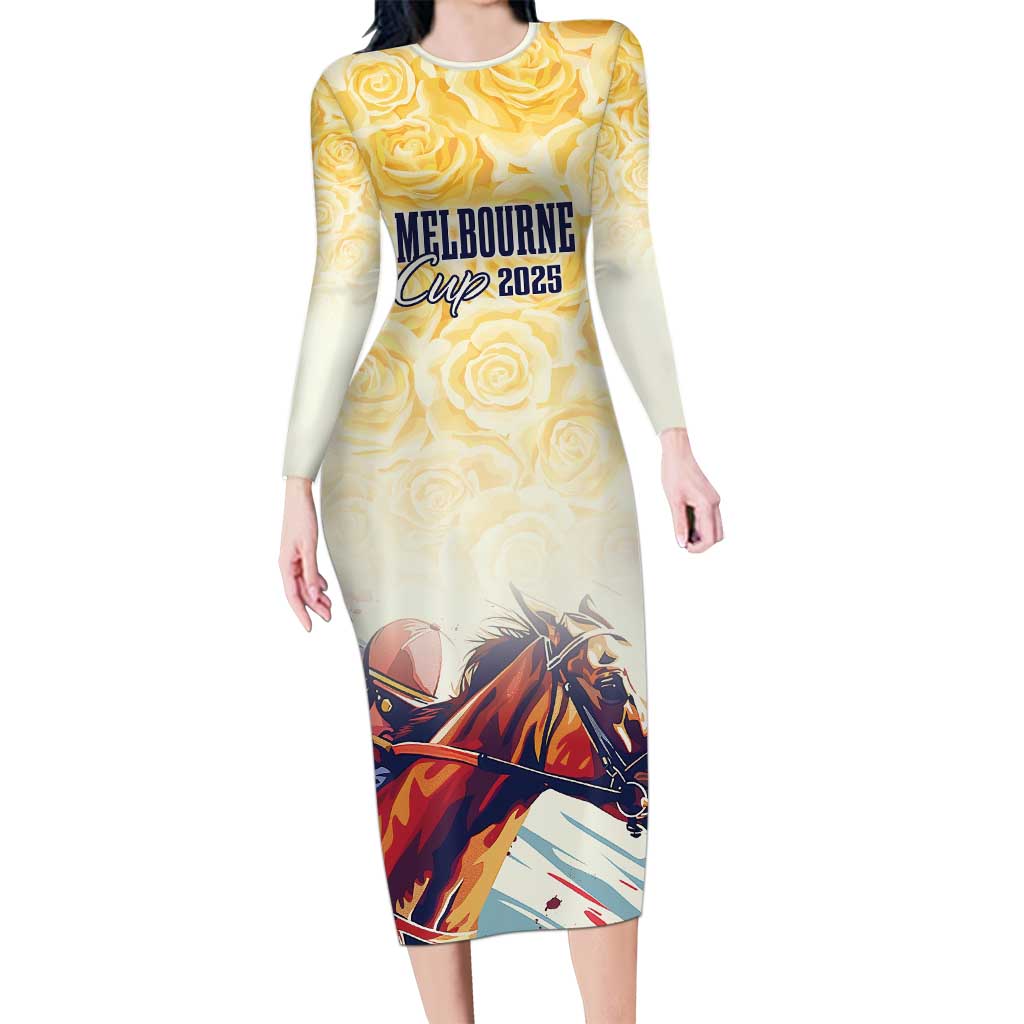 Melbourne Horse Racing Long Sleeve Bodycon Dress Yellow Rose Champion LT7