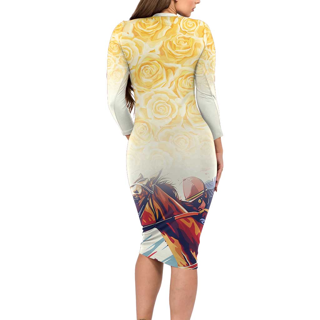 Melbourne Horse Racing Long Sleeve Bodycon Dress Yellow Rose Champion LT7