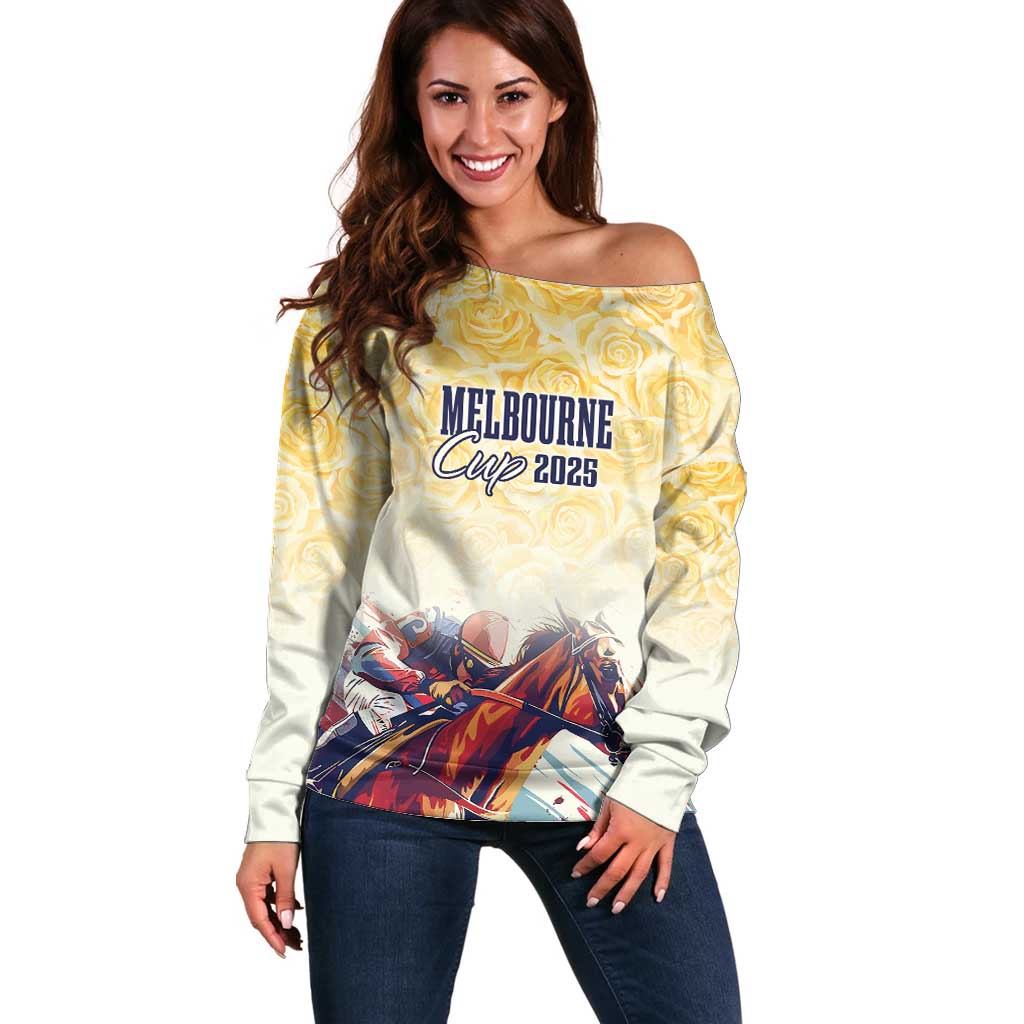 Melbourne Horse Racing Off Shoulder Sweater Yellow Rose Champion LT7