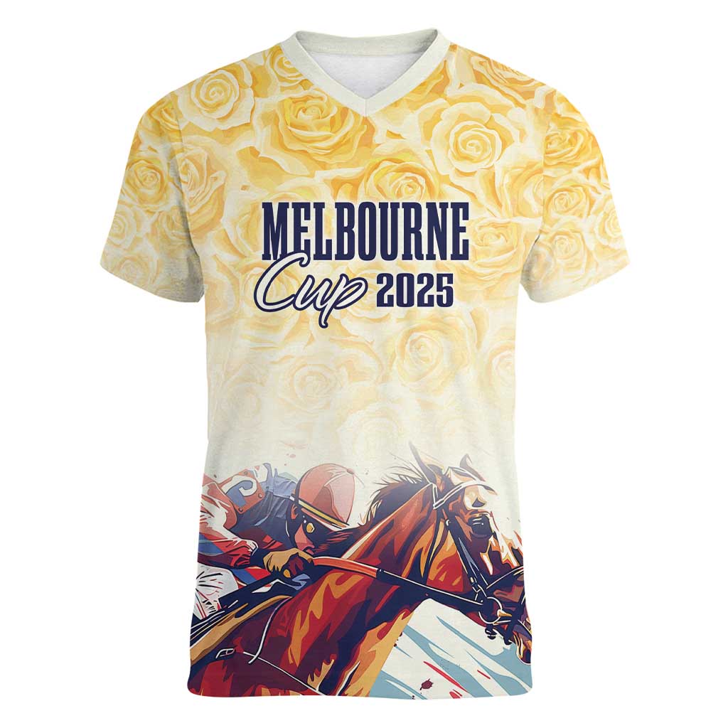 Melbourne Horse Racing Women V-Neck T-Shirt Yellow Rose Champion LT7