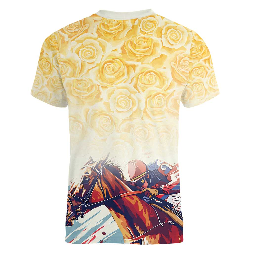 Melbourne Horse Racing Women V-Neck T-Shirt Yellow Rose Champion LT7