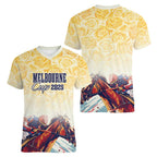 Melbourne Horse Racing Women V-Neck T-Shirt Yellow Rose Champion LT7