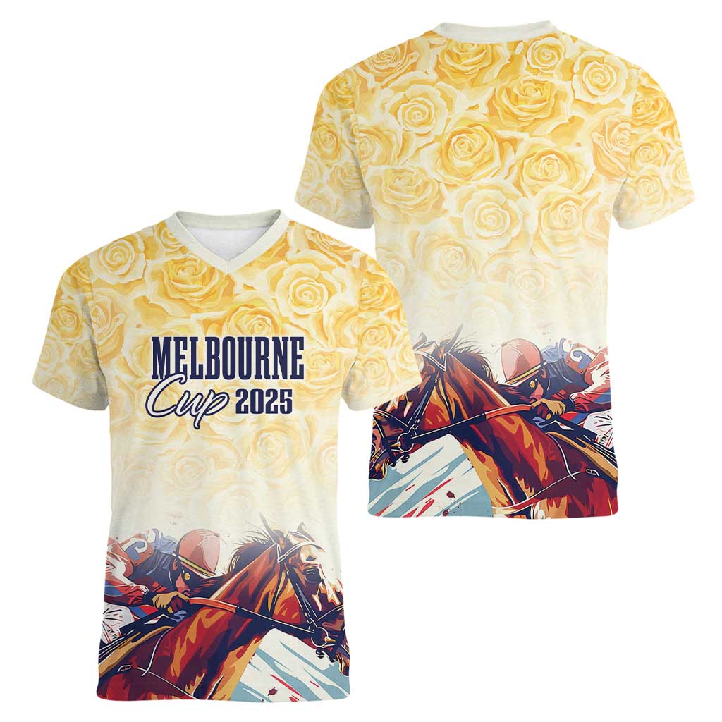 Melbourne Horse Racing Women V-Neck T-Shirt Yellow Rose Champion LT7