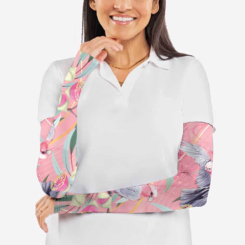 Australia Breast Cancer Awareness Arm Sleeves Pink Galah with Eucalyptus Flowers - Aussie Hoodie