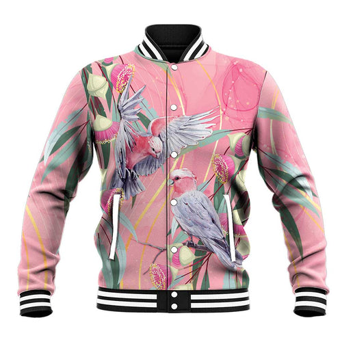 Australia Breast Cancer Awareness Baseball Jacket Pink Galah with Eucalyptus Flowers - Aussie Hoodie