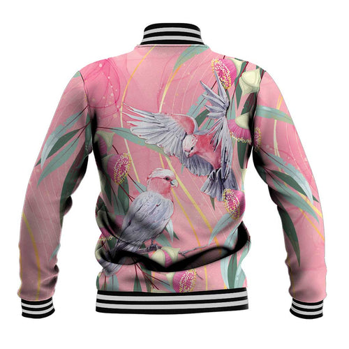 Australia Breast Cancer Awareness Baseball Jacket Pink Galah with Eucalyptus Flowers - Aussie Hoodie