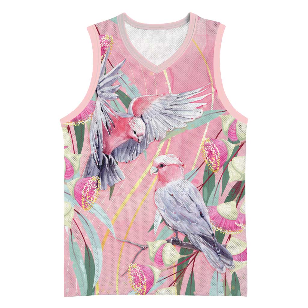 Australia Breast Cancer Awareness Basketball Jersey Pink Galah with Eucalyptus Flowers - Aussie Hoodie