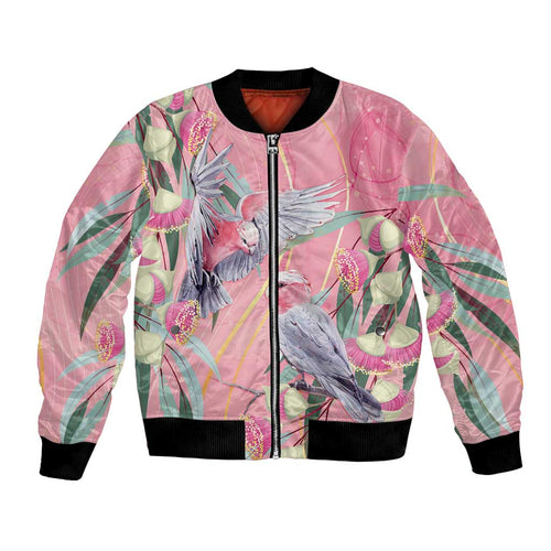 Australia Breast Cancer Awareness Bomber Jacket Pink Galah with Eucalyptus Flowers - Aussie Hoodie