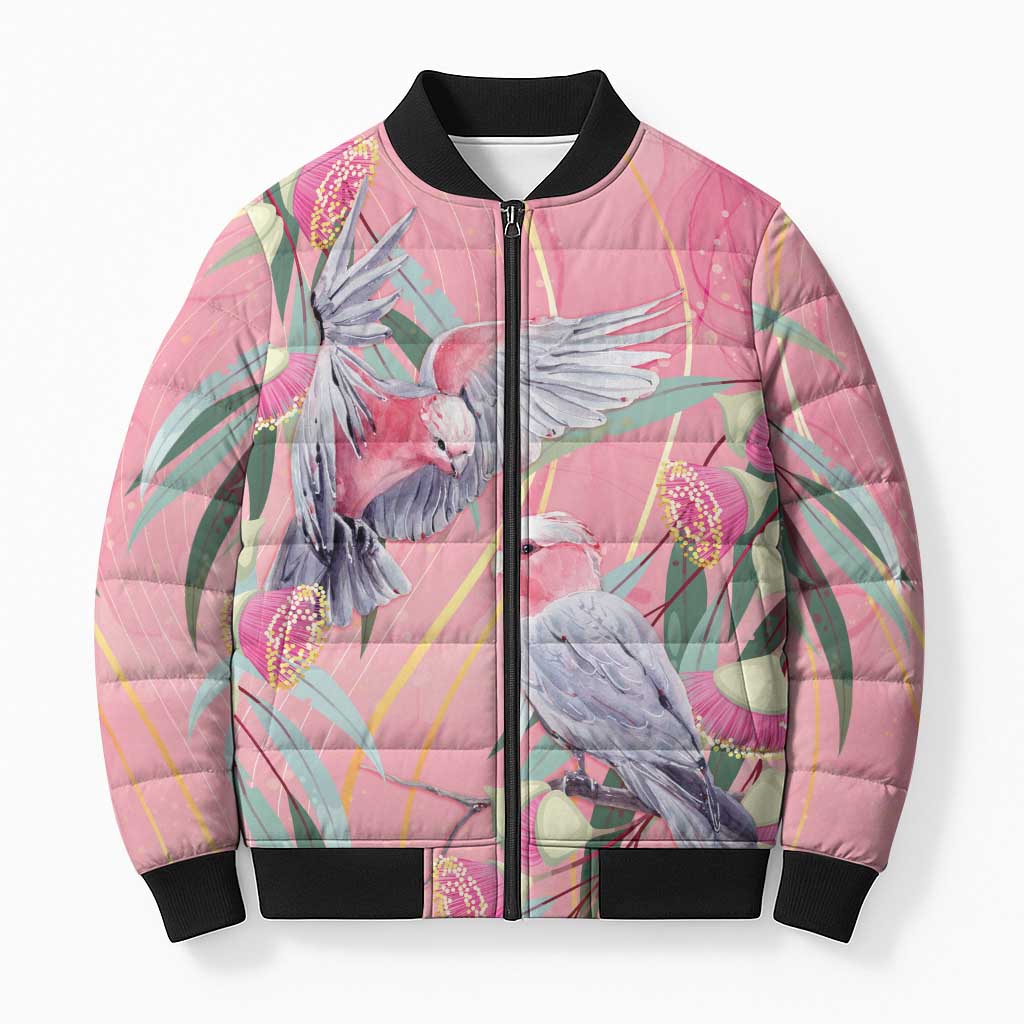 Australia Breast Cancer Awareness Bomber Puffer Jacket Pink Galah with Eucalyptus Flowers - Aussie Hoodie