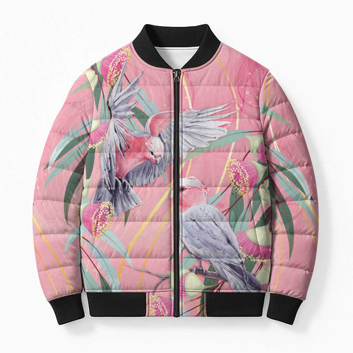 Australia Breast Cancer Awareness Bomber Puffer Jacket Pink Galah with Eucalyptus Flowers - Aussie Hoodie