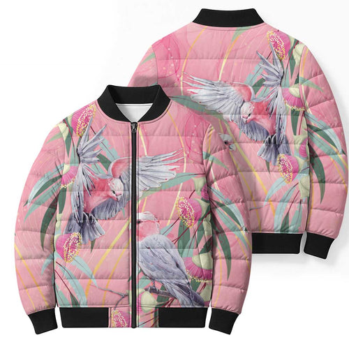 Australia Breast Cancer Awareness Bomber Puffer Jacket Pink Galah with Eucalyptus Flowers - Aussie Hoodie