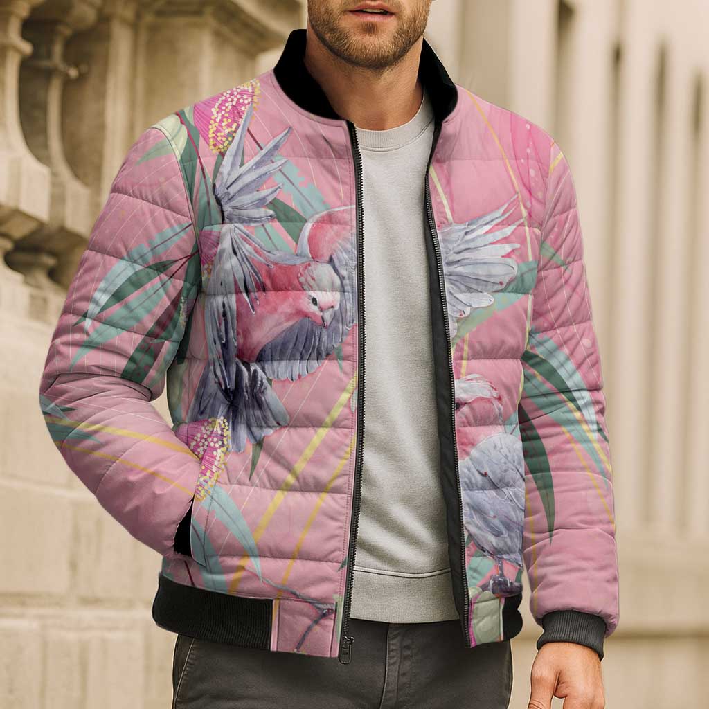 Australia Breast Cancer Awareness Bomber Puffer Jacket Pink Galah with Eucalyptus Flowers - Aussie Hoodie
