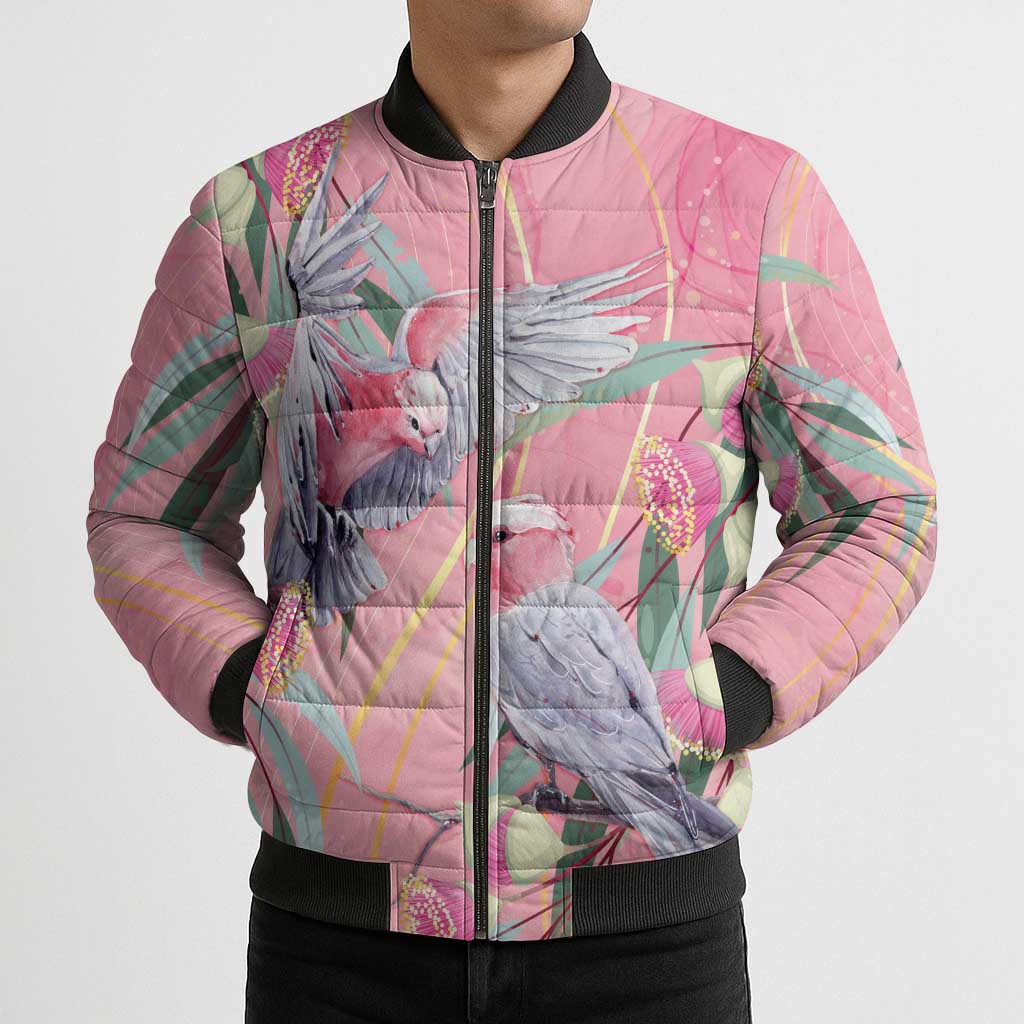 Australia Breast Cancer Awareness Bomber Puffer Jacket Pink Galah with Eucalyptus Flowers - Aussie Hoodie