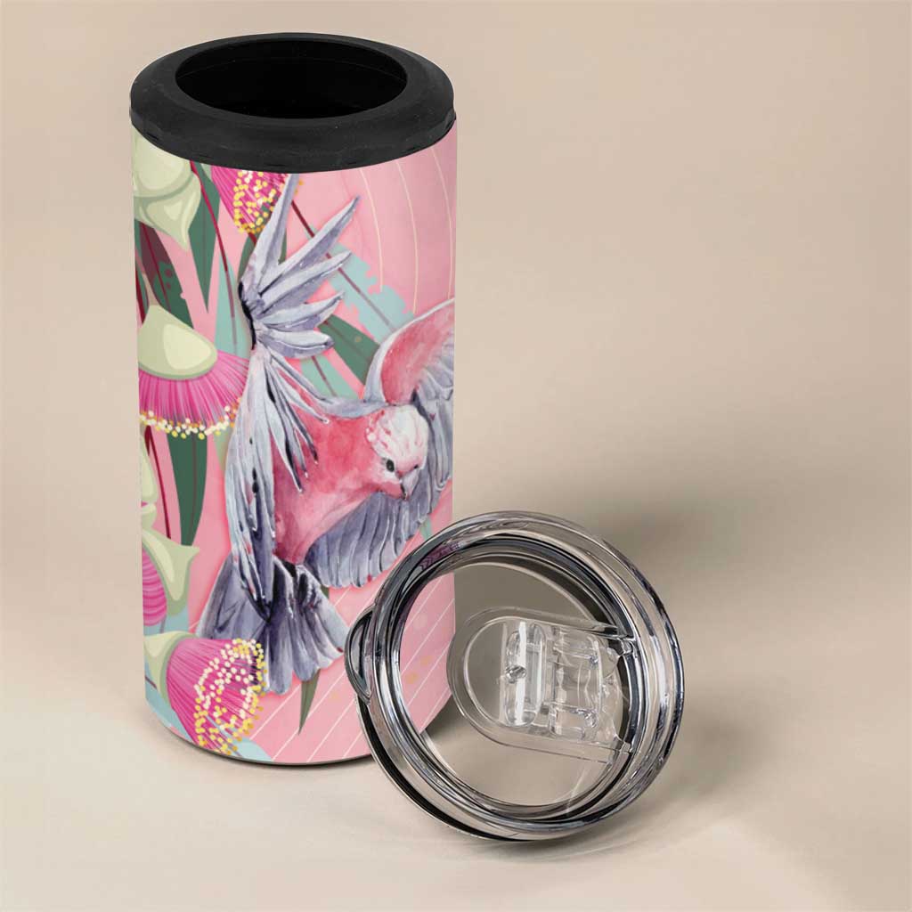 Australia Breast Cancer Awareness 4 in 1 Can Cooler Tumbler Pink Galah with Eucalyptus Flowers - Aussie Hoodie