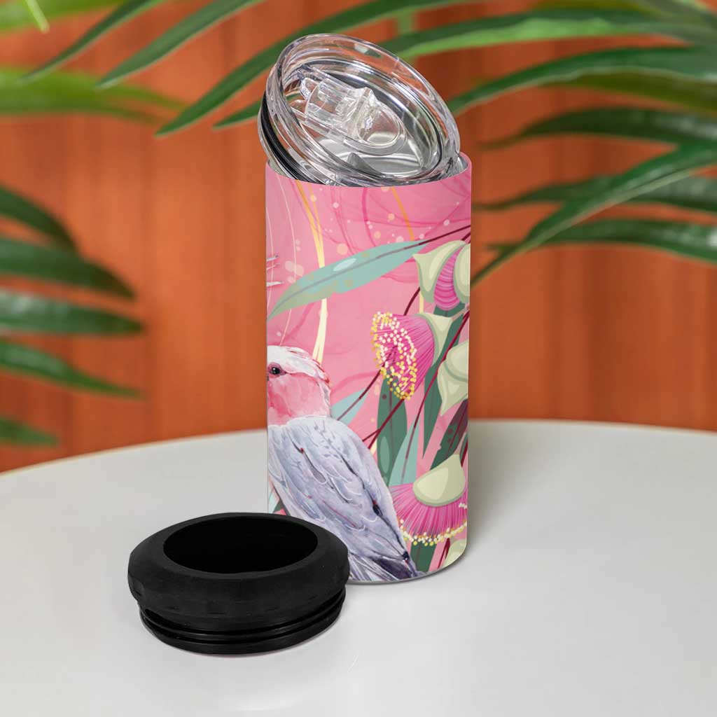 Australia Breast Cancer Awareness 4 in 1 Can Cooler Tumbler Pink Galah with Eucalyptus Flowers - Aussie Hoodie