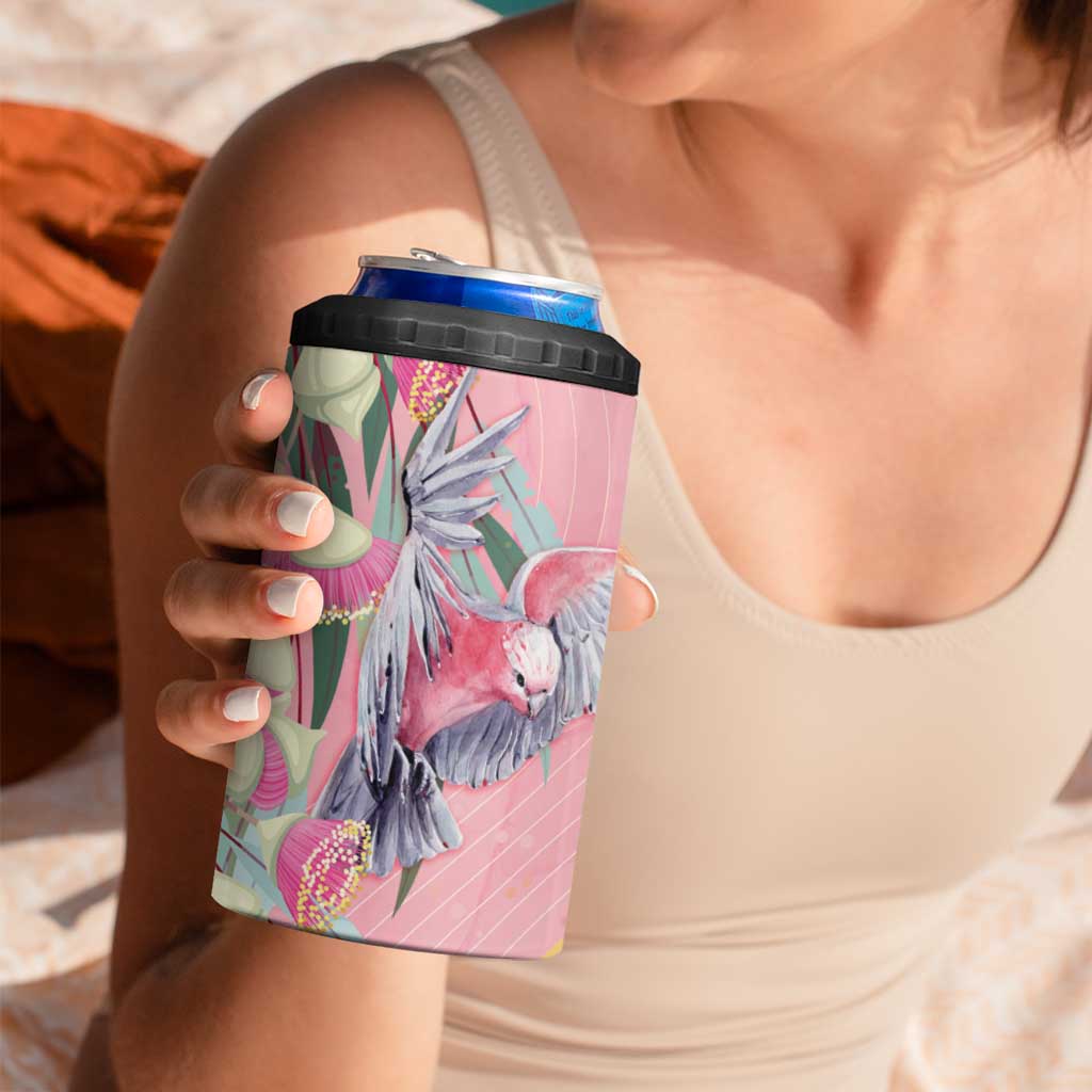 Australia Breast Cancer Awareness 4 in 1 Can Cooler Tumbler Pink Galah with Eucalyptus Flowers - Aussie Hoodie
