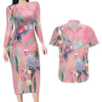 Australia Breast Cancer Awareness Couples Matching Long Sleeve Bodycon Dress and Hawaiian Shirt Pink Galah with Eucalyptus Flowers - Aussie Hoodie