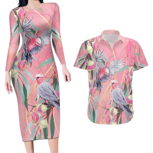 Australia Breast Cancer Awareness Couples Matching Long Sleeve Bodycon Dress and Hawaiian Shirt Pink Galah with Eucalyptus Flowers - Aussie Hoodie