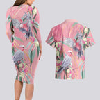 Australia Breast Cancer Awareness Couples Matching Long Sleeve Bodycon Dress and Hawaiian Shirt Pink Galah with Eucalyptus Flowers - Aussie Hoodie
