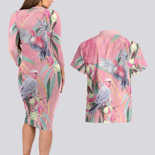 Australia Breast Cancer Awareness Couples Matching Long Sleeve Bodycon Dress and Hawaiian Shirt Pink Galah with Eucalyptus Flowers - Aussie Hoodie
