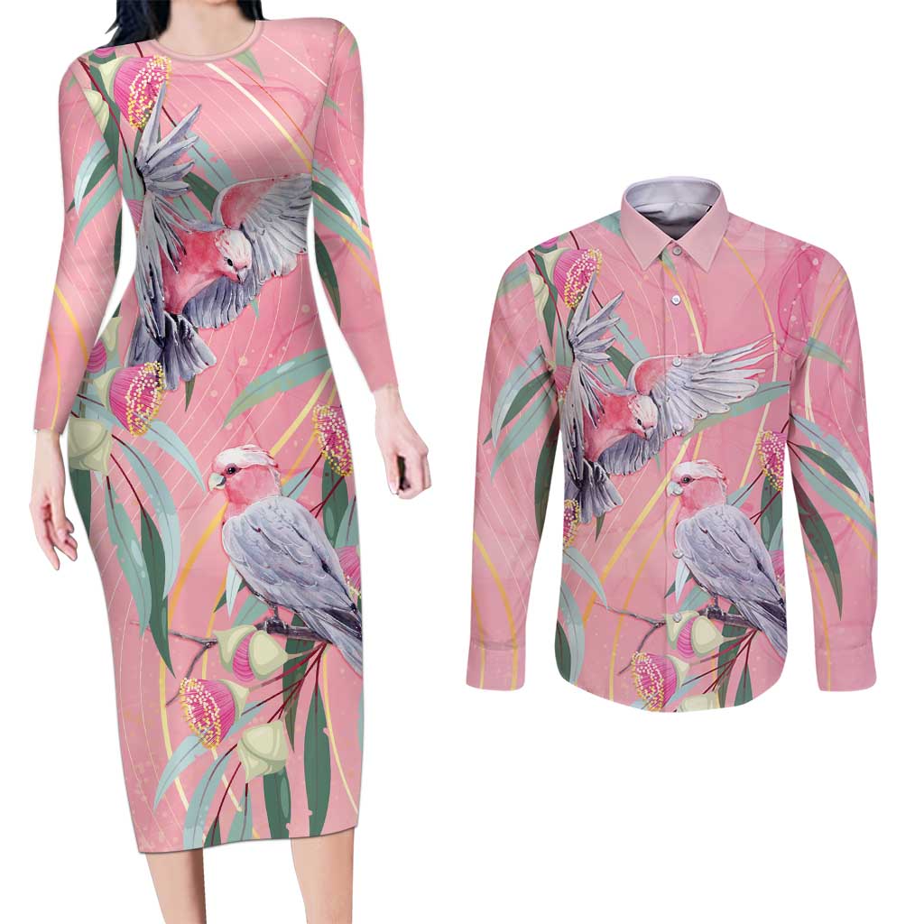 Australia Breast Cancer Awareness Couples Matching Long Sleeve Bodycon Dress and Long Sleeve Button Shirt Pink Galah with Eucalyptus Flowers - Aussie Hoodie
