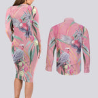 Australia Breast Cancer Awareness Couples Matching Long Sleeve Bodycon Dress and Long Sleeve Button Shirt Pink Galah with Eucalyptus Flowers - Aussie Hoodie