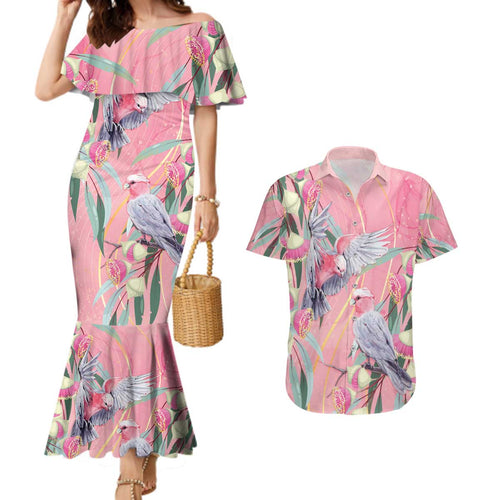Australia Breast Cancer Awareness Couples Matching Mermaid Dress and Hawaiian Shirt Pink Galah with Eucalyptus Flowers - Aussie Hoodie