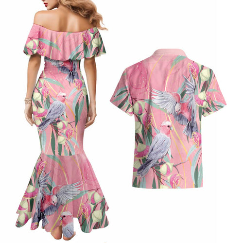 Australia Breast Cancer Awareness Couples Matching Mermaid Dress and Hawaiian Shirt Pink Galah with Eucalyptus Flowers - Aussie Hoodie