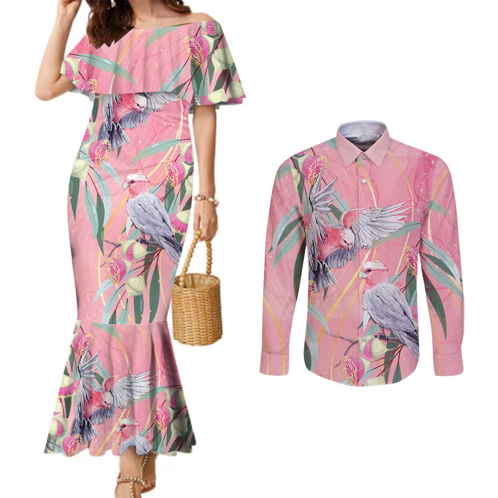 Australia Breast Cancer Awareness Couples Matching Mermaid Dress and Long Sleeve Button Shirt Pink Galah with Eucalyptus Flowers - Aussie Hoodie