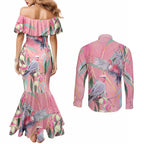 Australia Breast Cancer Awareness Couples Matching Mermaid Dress and Long Sleeve Button Shirt Pink Galah with Eucalyptus Flowers - Aussie Hoodie