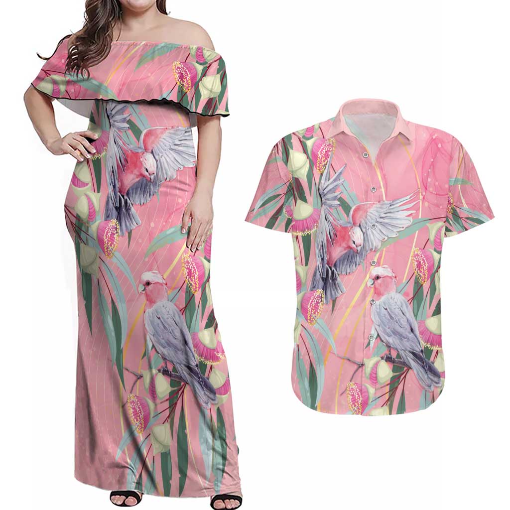 Australia Breast Cancer Awareness Couples Matching Off Shoulder Maxi Dress and Hawaiian Shirt Pink Galah with Eucalyptus Flowers - Aussie Hoodie