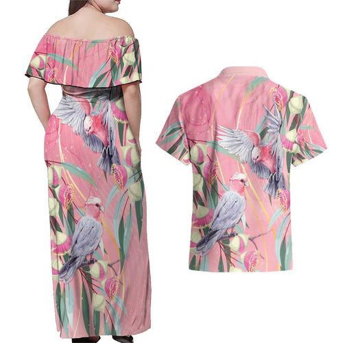Australia Breast Cancer Awareness Couples Matching Off Shoulder Maxi Dress and Hawaiian Shirt Pink Galah with Eucalyptus Flowers - Aussie Hoodie