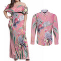 Australia Breast Cancer Awareness Couples Matching Off Shoulder Maxi Dress and Long Sleeve Button Shirt Pink Galah with Eucalyptus Flowers - Aussie Hoodie