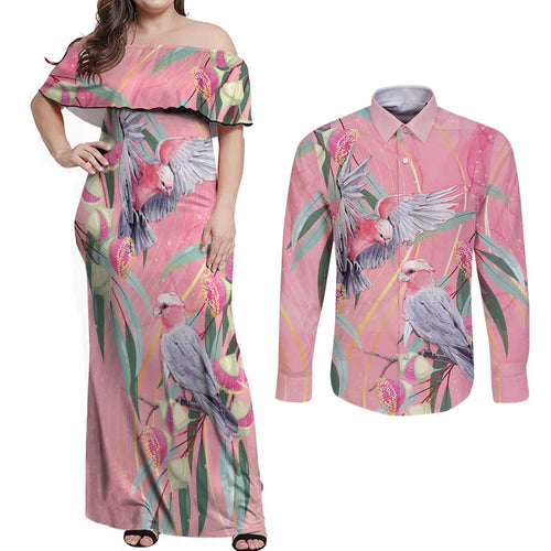 Australia Breast Cancer Awareness Couples Matching Off Shoulder Maxi Dress and Long Sleeve Button Shirt Pink Galah with Eucalyptus Flowers - Aussie Hoodie