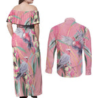 Australia Breast Cancer Awareness Couples Matching Off Shoulder Maxi Dress and Long Sleeve Button Shirt Pink Galah with Eucalyptus Flowers - Aussie Hoodie