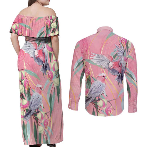 Australia Breast Cancer Awareness Couples Matching Off Shoulder Maxi Dress and Long Sleeve Button Shirt Pink Galah with Eucalyptus Flowers - Aussie Hoodie