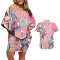 Australia Breast Cancer Awareness Couples Matching Off Shoulder Short Dress and Hawaiian Shirt Pink Galah with Eucalyptus Flowers - Aussie Hoodie